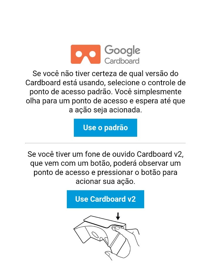 Tela de seleção do Google Cardboard, com a opção Use Cardboard v2 destacada.